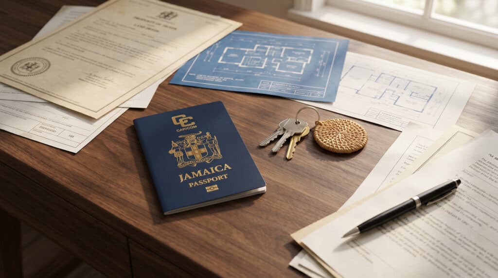 Jamaican passport, documents, keys, and blueprints on a wooden desk in a Negril Jamaica office by a window.