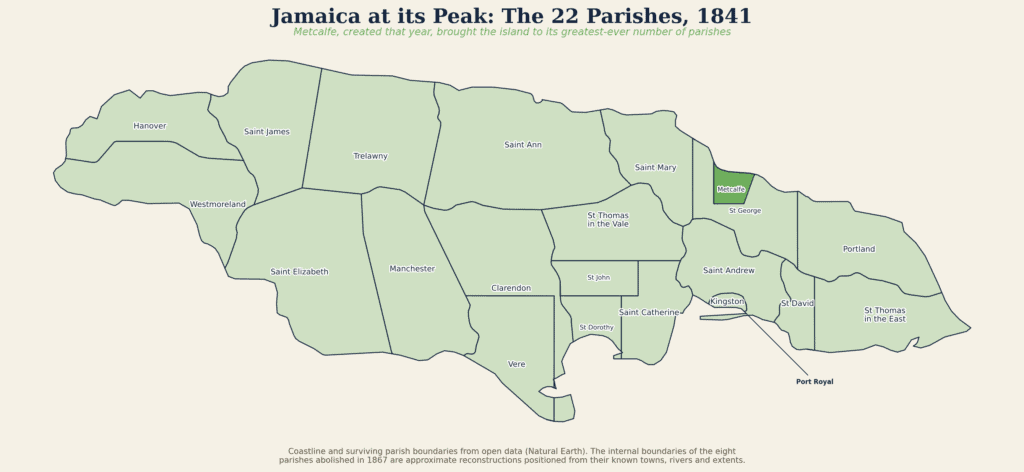 1841 Jamaica map with 22 parishes outlined and labeled, highlighting Negril area for local business directory users.