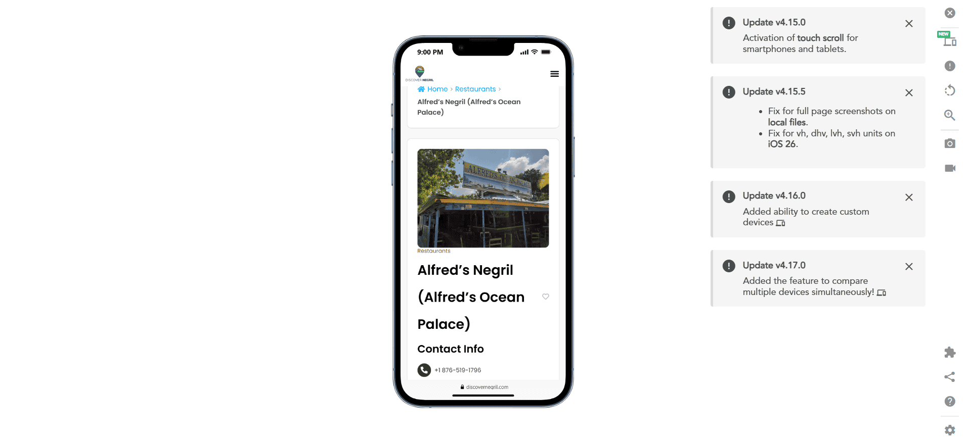 Smartphone showing a Negril Jamaica restaurant page with update notes listed on the right side of the screen.