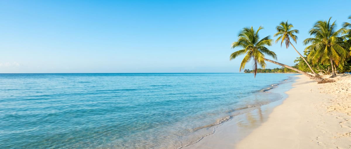 Negril Jamaica beach with clear blue water, white sand, palm trees, and a sunny sky.