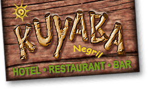 Kuyaba Negril Jamaica logo with wooden text, sun graphic, and "Hotel • Restaurant • Bar" in green underneath.