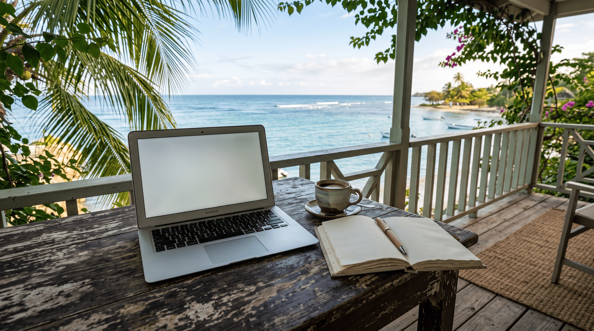 Laptop, coffee, and notebook on rustic table with ocean view from tropical porch in Negril Jamaica.