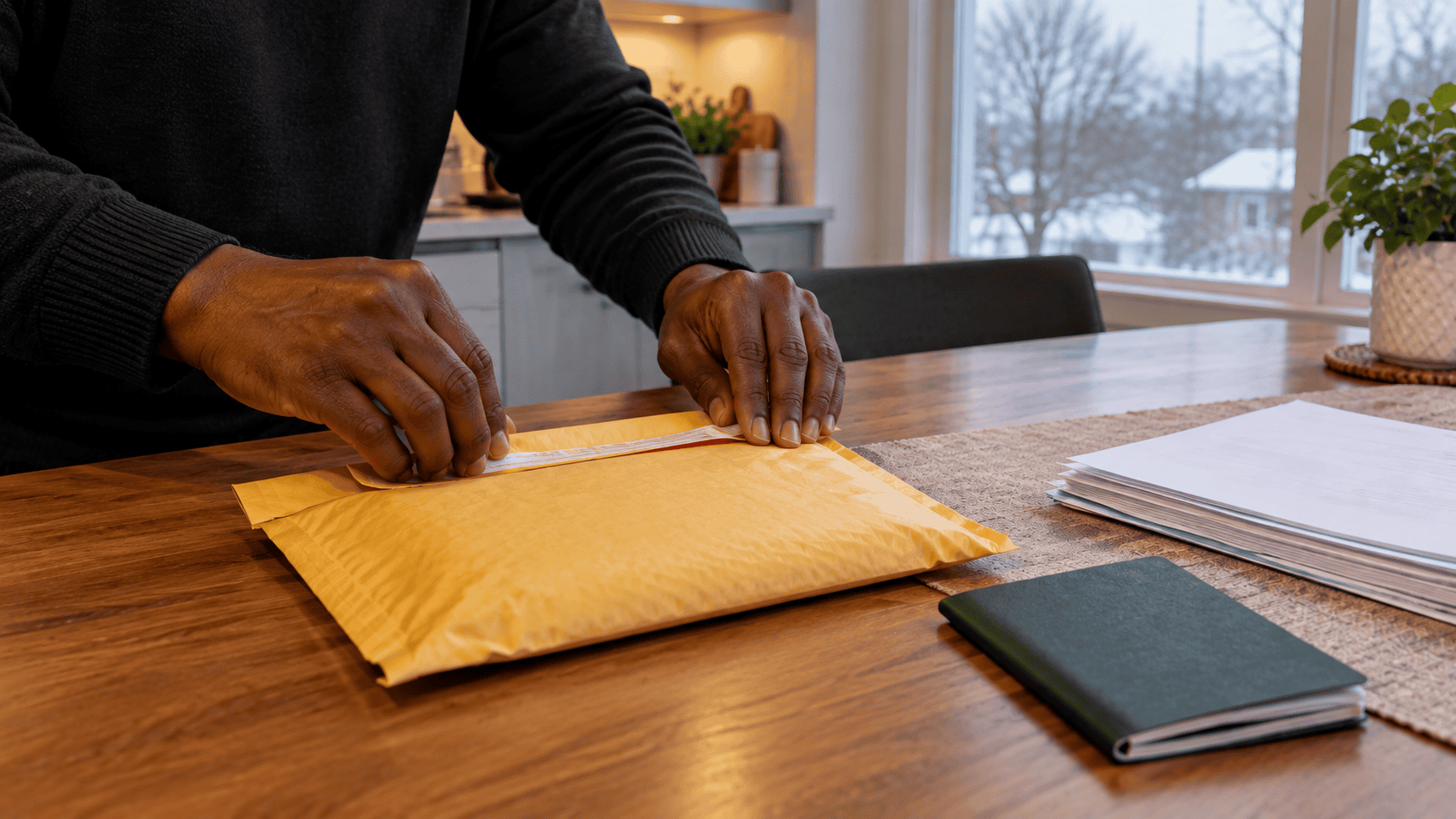 Person sealing yellow padded envelope on wooden table with papers and notebook in Negril Jamaica local business setting.